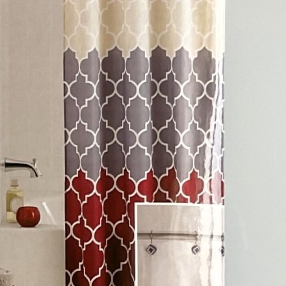 Mainstays 13-Piece Shower Curtain & Hook Set - Cream, Gray, Red Trellis (NWT)